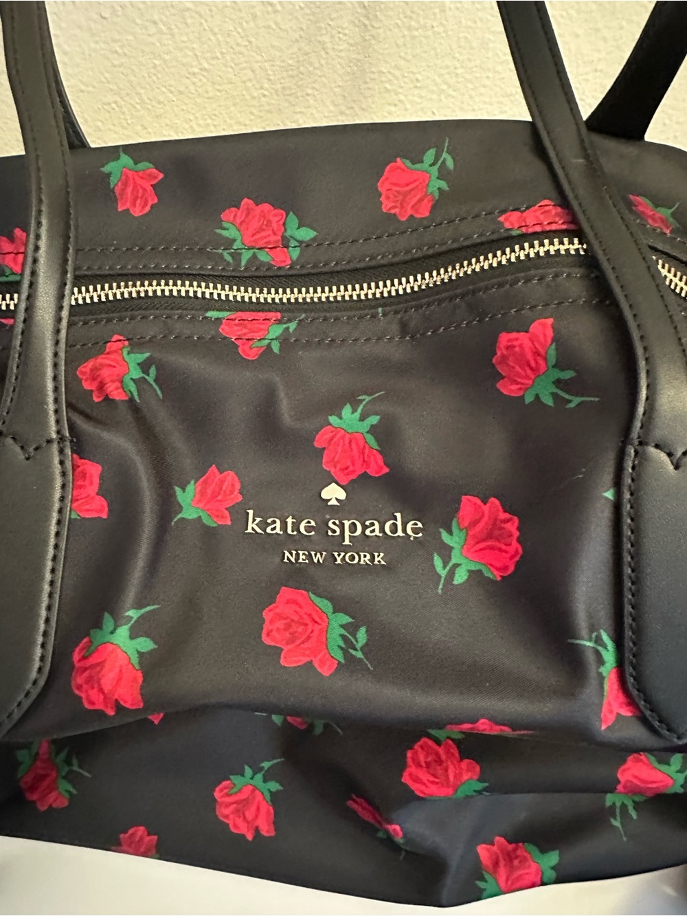 kate spade black travel duffel with red rose print - Picture 7 of 10